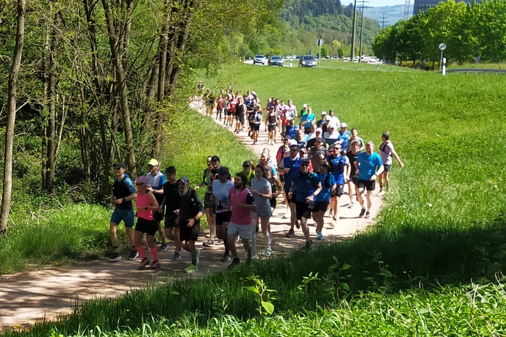 Eine Gruppe läuft an der Wiese entlang.